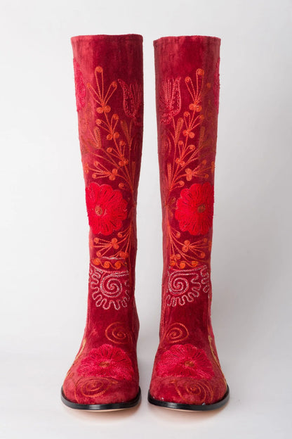 Red Knee-High Suzani Boots