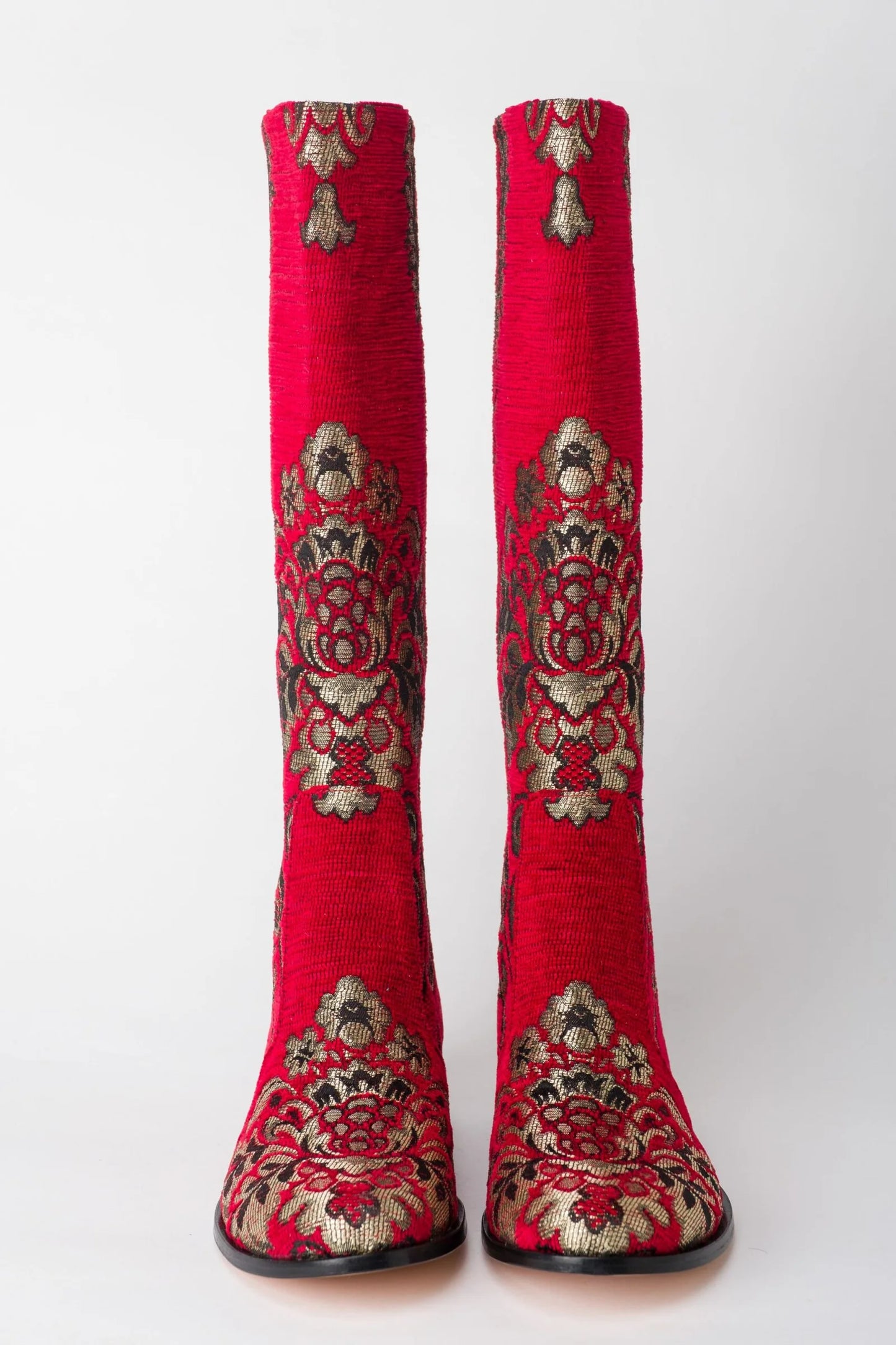 Red and Gold Tapestry Knee-High Boots