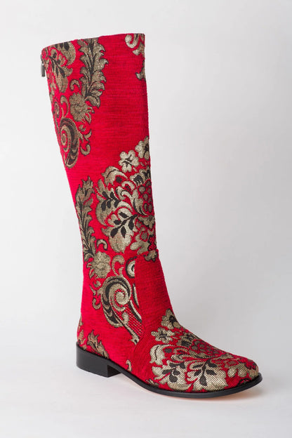 Red and Gold Tapestry Knee-High Boots