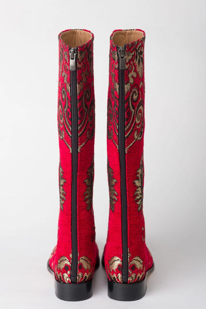 Red and Gold Tapestry Knee-High Boots