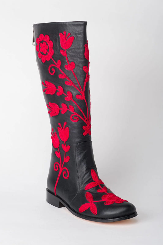 Red on Black Knee-High Leather Boots