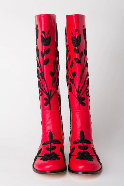 Black on Red Knee-High Leather Boots