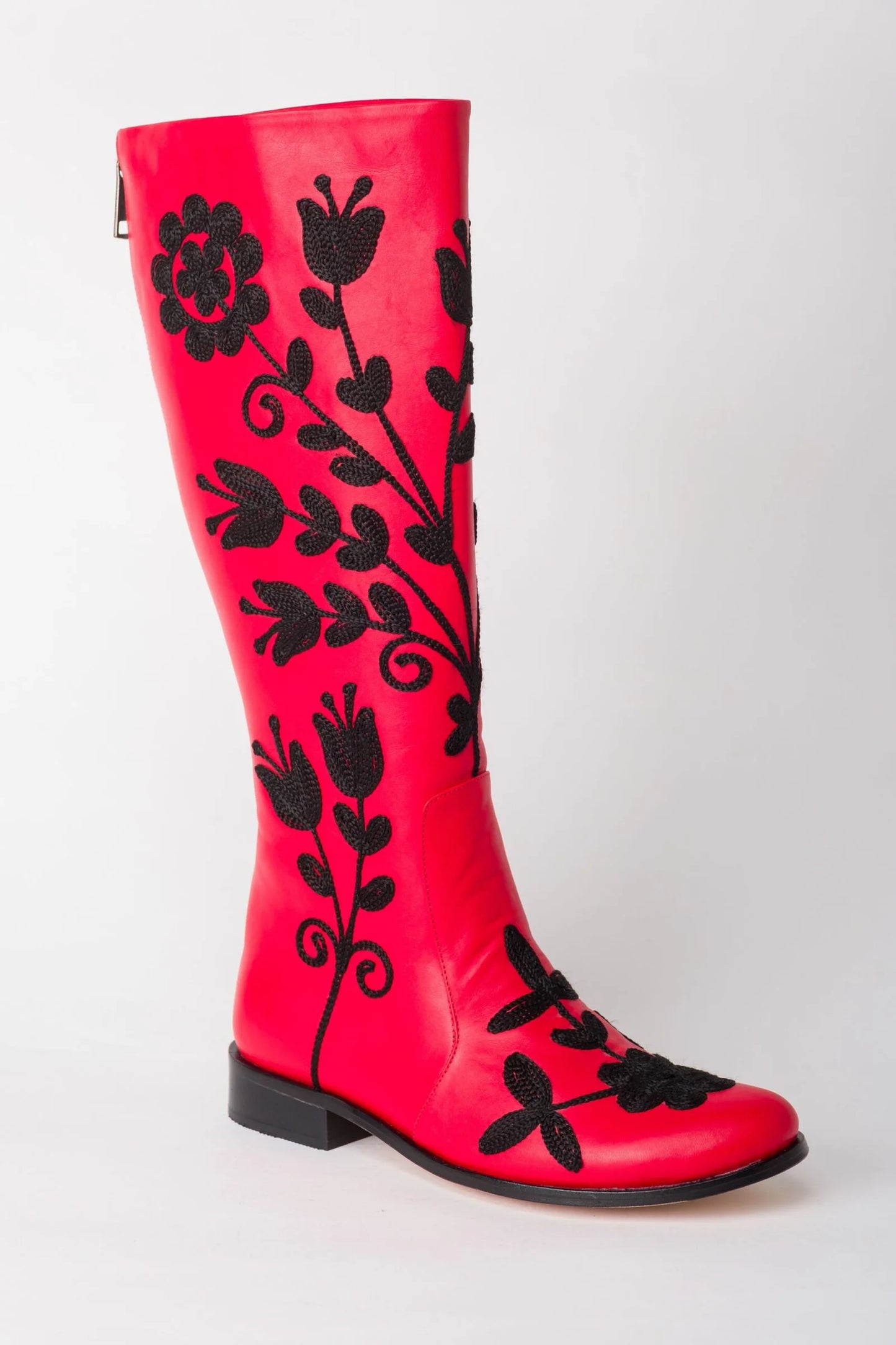 Black on Red Knee-High Leather Boots