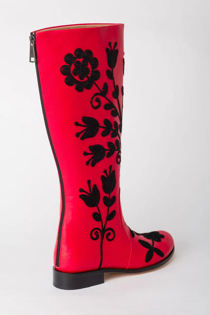 Black on Red Knee-High Leather Boots