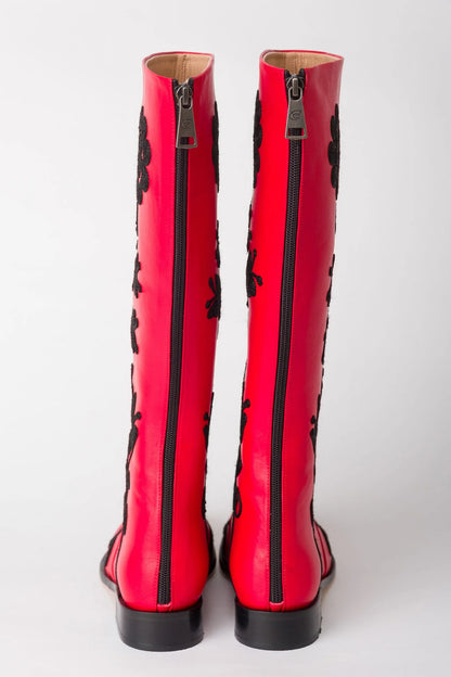 Black on Red Knee-High Leather Boots