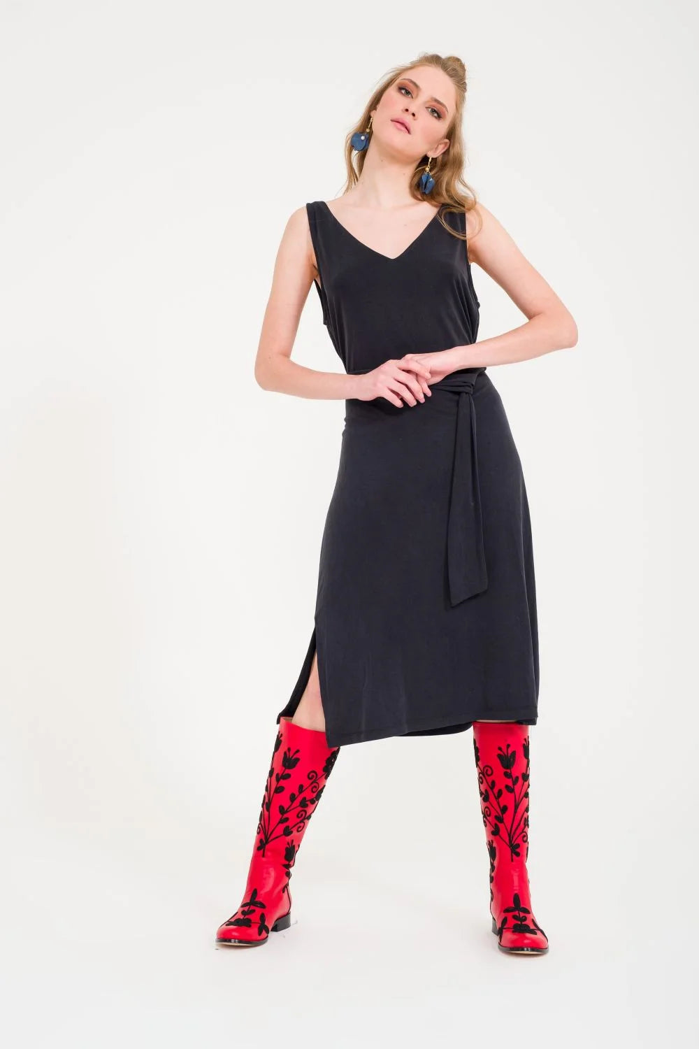 Black on Red Knee-High Leather Boots