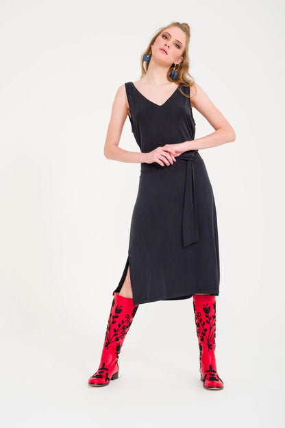 Black on Red Knee-High Leather Boots