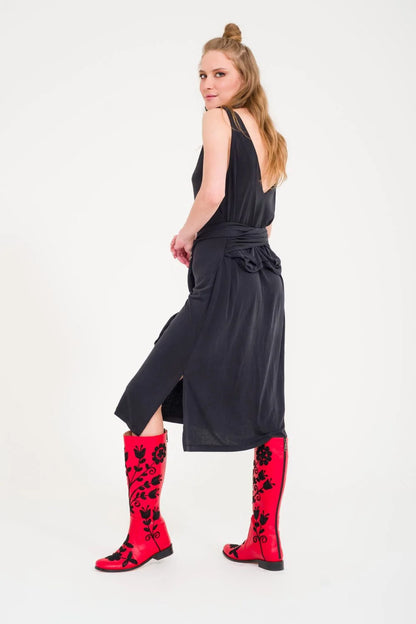 Black on Red Knee-High Leather Boots