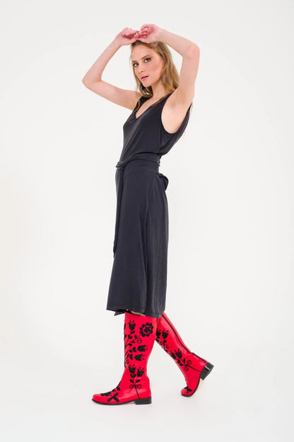 Black on Red Knee-High Leather Boots