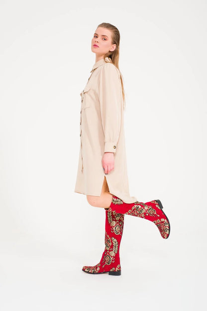 Red and Gold Tapestry Knee-High Boots