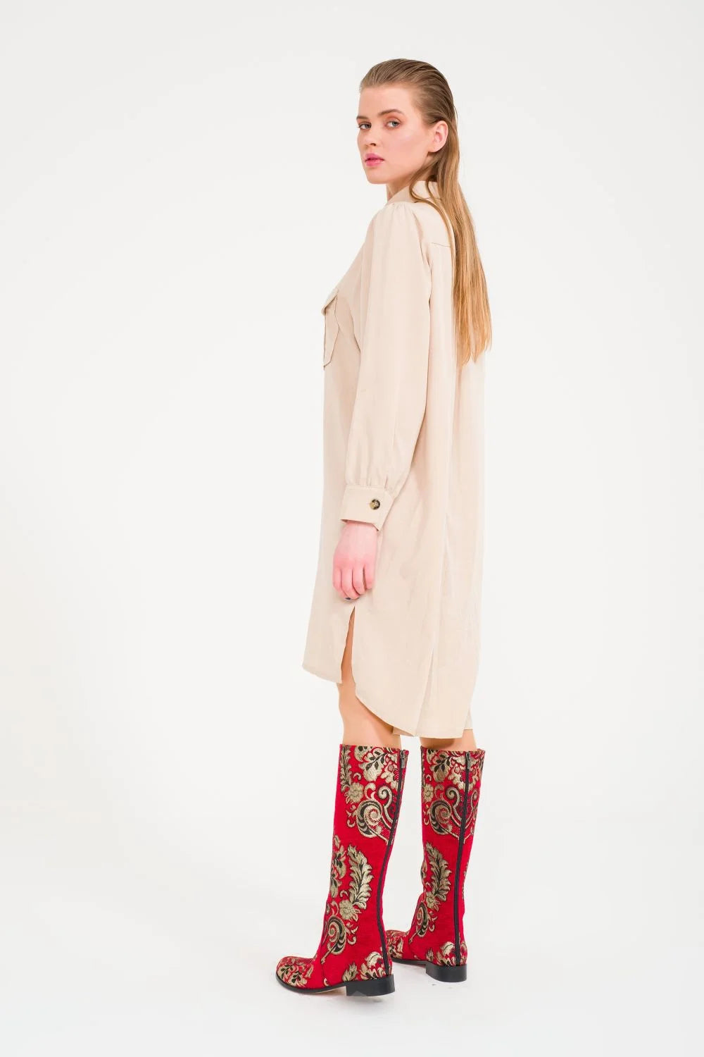 Red and Gold Tapestry Knee-High Boots